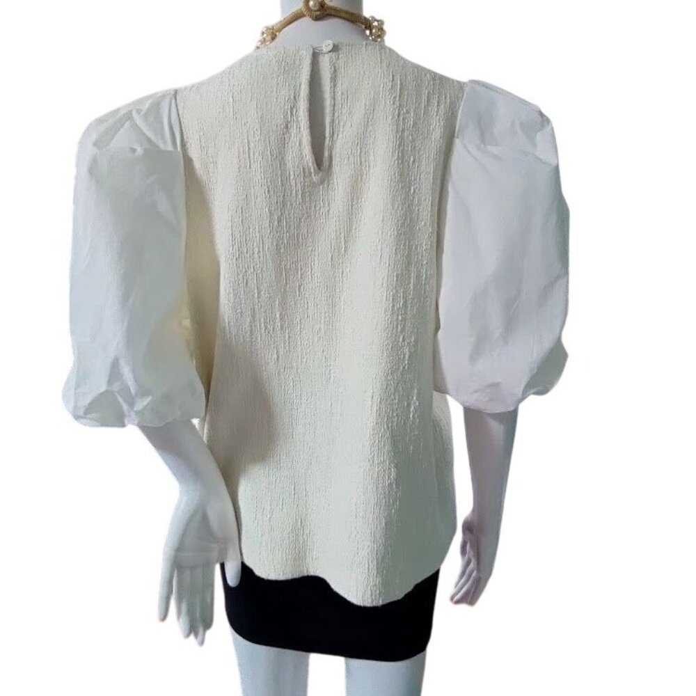Anthropologie & Black Textured Puff Cream Whimsy Boho Sleeve Blouse L - Picture 4 of 14